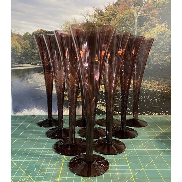 10 Vintage Murano Italy Hand Blown Plum Champagne Flutes/Glasses Stemware 10”